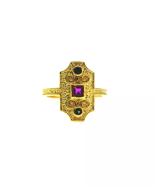 Byzantine Ring - Silver 925 Gold Plated with Pink, Blue and Green Zircons