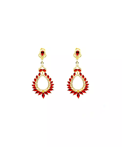 Red Stone Long Earrings - Silver 925 Gold Plated