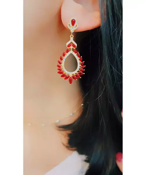 Red Stone Long Earrings - Silver 925 Gold Plated