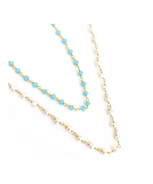 Rosary Light Blue Stones Necklace - Silver 925 Gold Plated