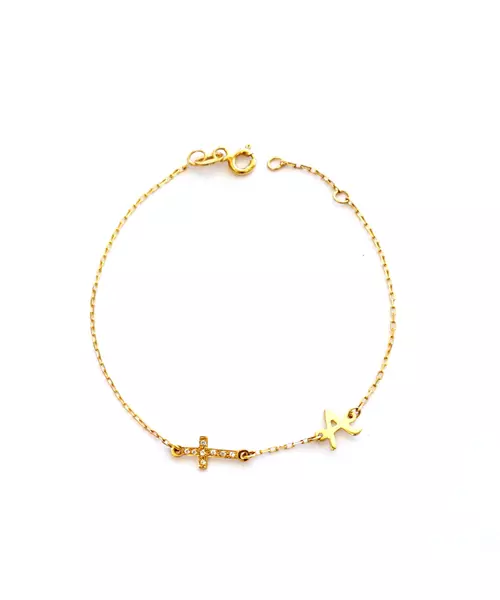 Letter and Cross with Zircons Bracelet - 9ct Gold