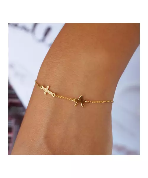 Letter and Cross with Zircons Bracelet - 9ct Gold