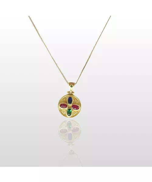 Byzantine Round Necklace with 3 Colors of Zircons - Silver 925 Gold Plated