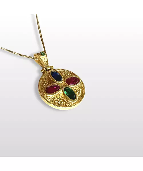 Byzantine Round Necklace with 3 Colors of Zircons - Silver 925 Gold Plated