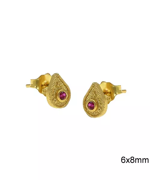 Byzantine Earrings with Red Zircons - Silver 925 Gold Plated