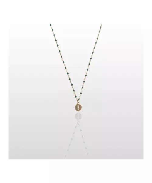 Green Enamel Rosary Necklace - Stainless Steel Gold Plated with letter