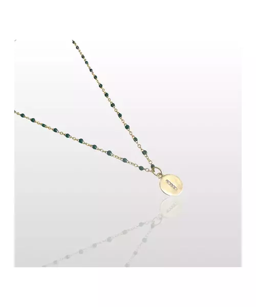 Green Enamel Rosary Necklace - Stainless Steel Gold Plated with letter