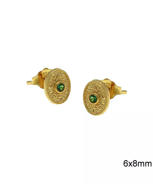 Byzantine Oval Earrings with Green Zircon - Silver 925 Gold Plated