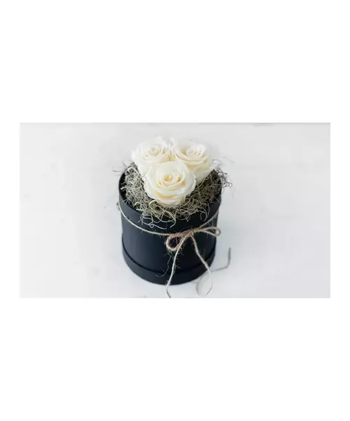 3 White Long Lasting Roses (forever) In A Black Box