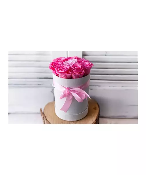 7 Pink Long Lasting Roses (forever) In White Box