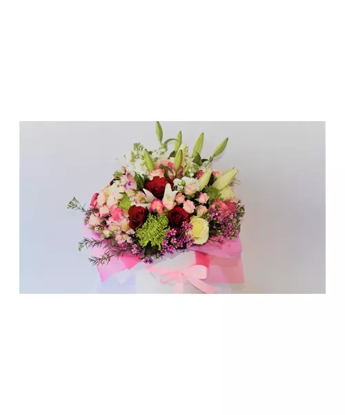 Bouquet With Various Seasonal Flowers In White Box