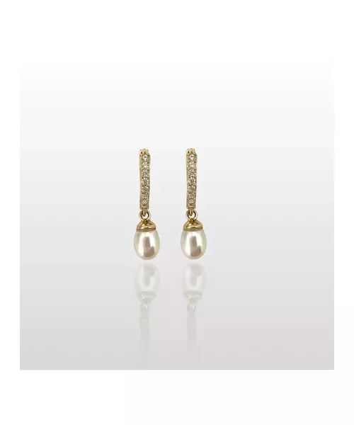 9ct Gold Hoops with Hanging Pearl - 9ct White Gold