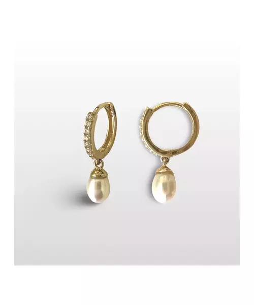 9ct Gold Hoops with Hanging Pearl - 9ct Yellow Gold