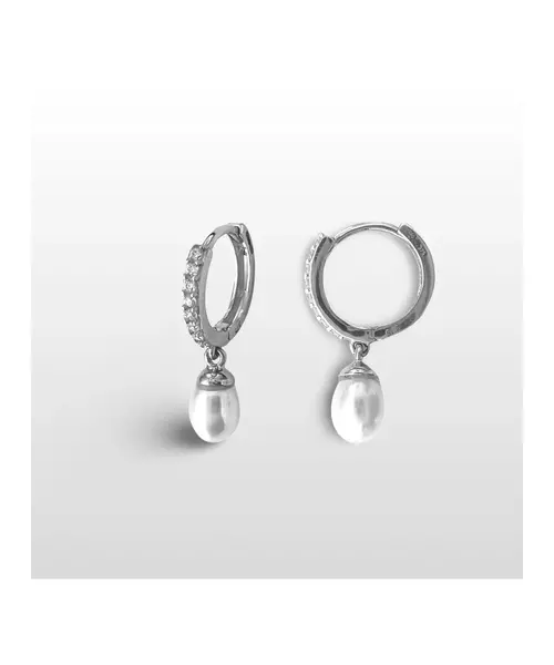 9ct Gold Hoops with Hanging Pearl - 9ct White Gold