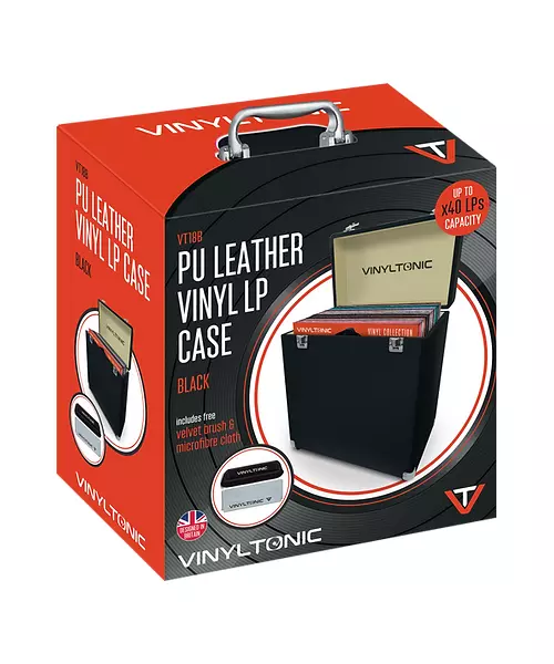VINYL TONIC - PU LEATHER VINYL STORAGE CASE BLACK WITH MICROFIBRE CLOTH & VELVET BRUSH VT18B