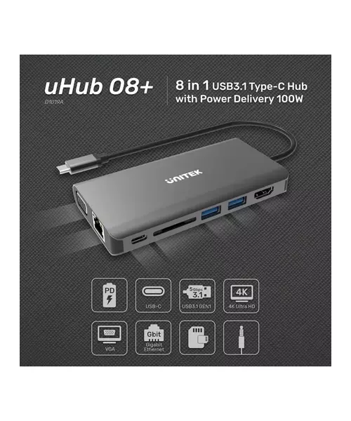 Unitek D1019A Type-C Hub USB3.1 with HDMI/VGA/GB/SD/PD100W