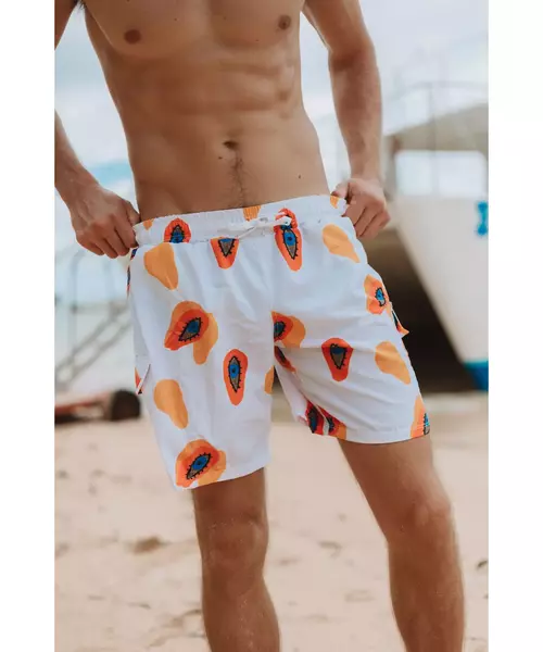 Swim Shorts With Patch Pockets In Papaya Evil Eye Print