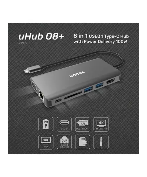 Unitek D1019A Type-C Hub USB3.1 with HDMI/VGA/GB/SD/PD100W