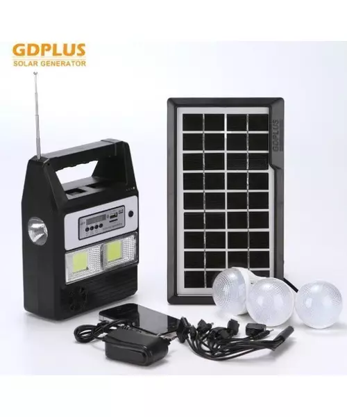 Ηλιακό σύστημα φωτισμού &#8211; φόρτισης , USB/SD, Mp3 Player, FM Radio, 3  LED 100LM  και τηλεχειριστήριο GD PLUS