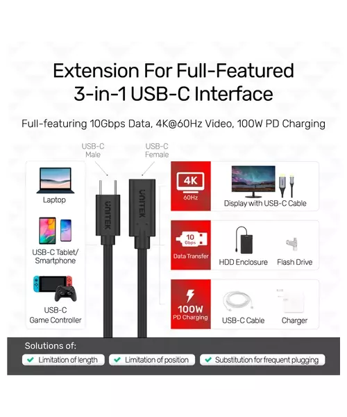 Unitek C14086BK USB3.2 USB-C Male to USB-C Female Extension Cable PD100W 50cm