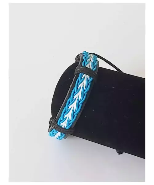 Leather Handmade Men's Bracelet "Light blue-Black-White"