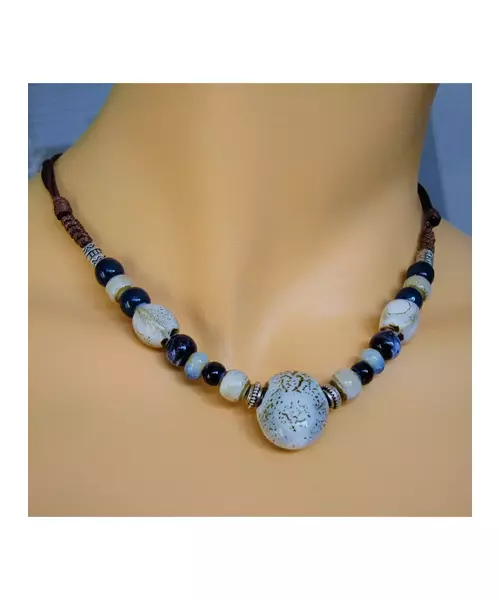 Short Handmade Ceramic Necklace "Beige-Blue"