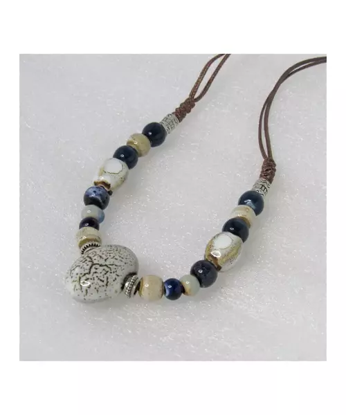 Short Handmade Ceramic Necklace "Beige-Blue"