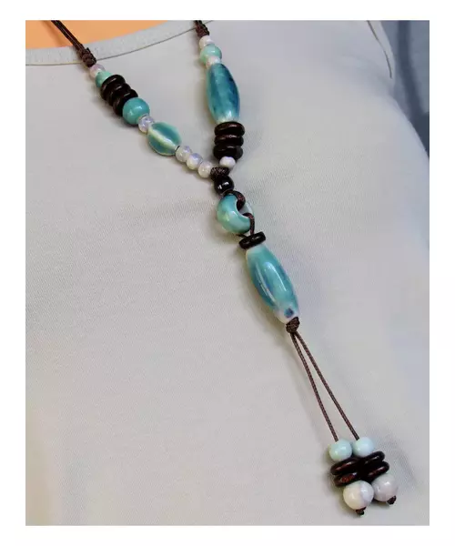 Long Handmade Ceramic Necklace "Light blue"