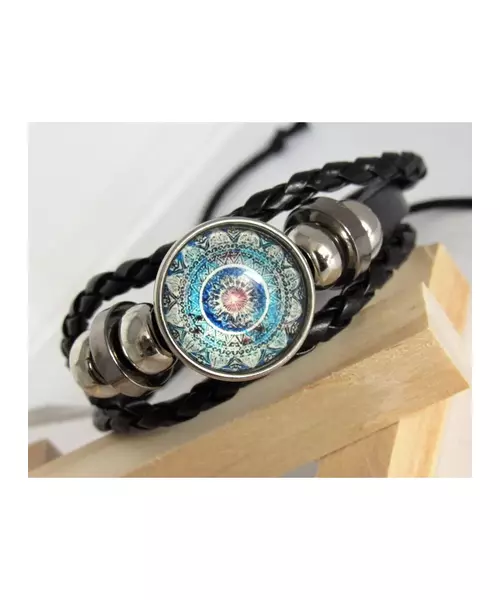 "Blue-green eye" Black Leather Handmade Men's Bracelet