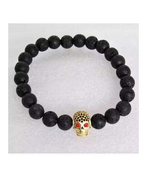 Lava Stone Handmade Men's Bracelet - "Gold Skull -1"