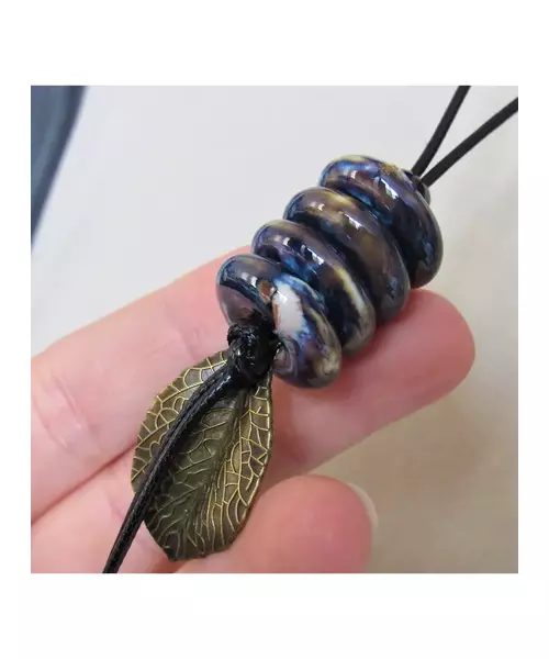 Long Handmade Ceramic Necklace "Blue-Beige"