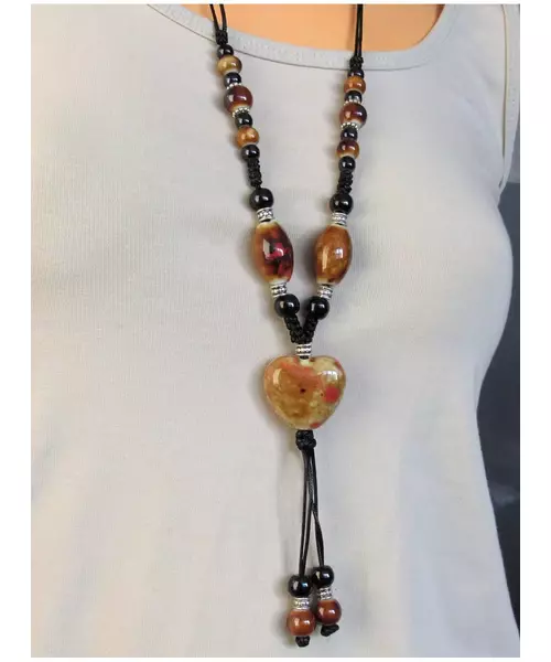 Long Handmade Ceramic Necklace "Yellow-Brown Heart"