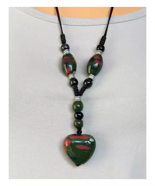 Long Handmade Ceramic Necklace "Green Heart"