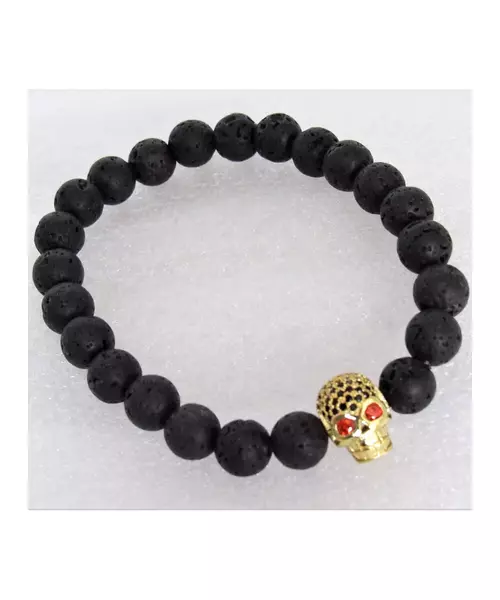 Lava Stone Handmade Men's Bracelet - "Gold Skull -1"