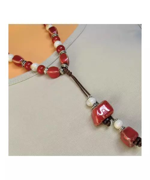 Long Handmade Ceramic Necklace "Red-2"