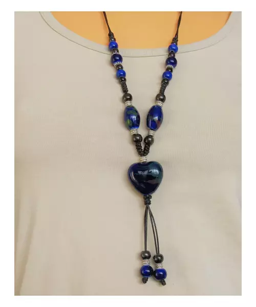 Long Handmade Ceramic Necklace "Blue Heart"