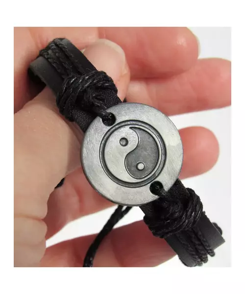 "Yin Yang" Black Leather Handmade Men's Bracelet